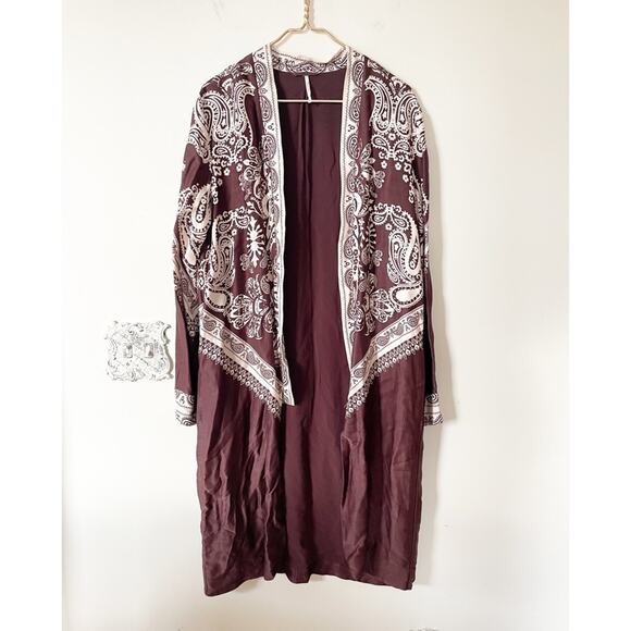 Free People Brown Satin Bandana Print Long Kimono Duster M - Picture 3 of 9